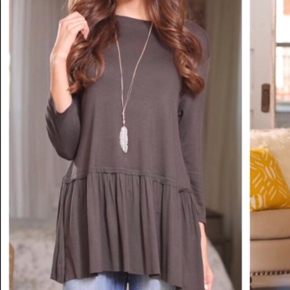 Tops - 3/4 sleeve charcoal ruffle hem top Tops - 3/4 sleeve charcoal ruffle hem top